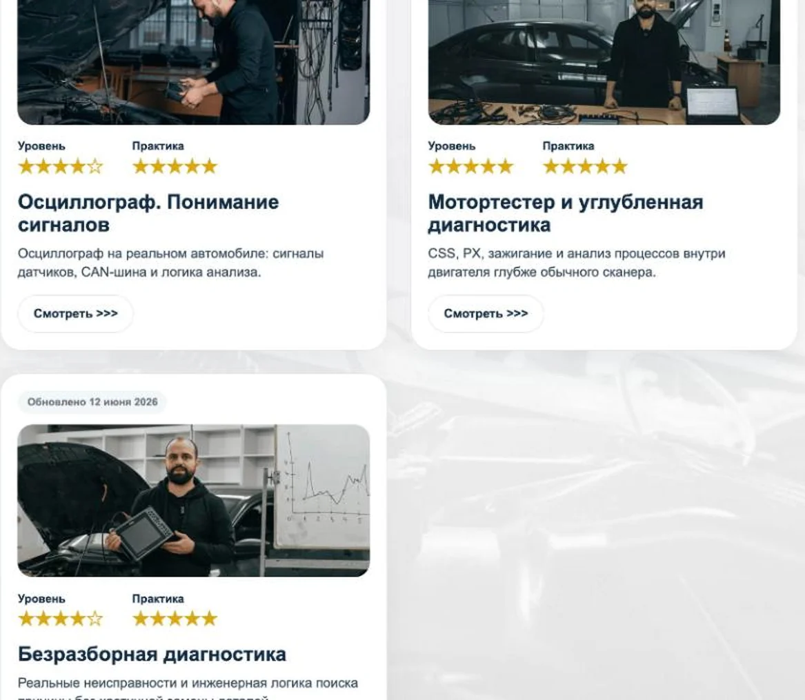 Личный кабинет участника Братства: карточки курсов с уровнем и долей практики